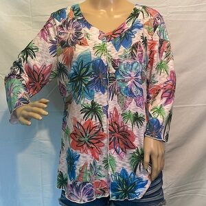 Thomas & Olivia Floral tropical boho V Neck 3/4 sleeve size L top light sweater